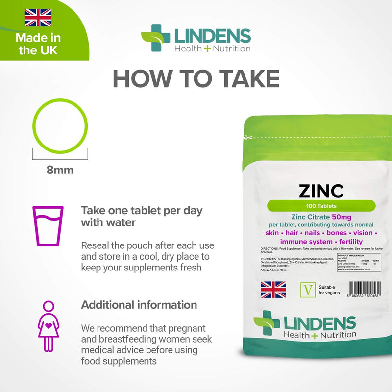 [Australia] - Lindens Zinc Citrate 50mg - 100 Vegan Tablets - Immune Function, Fertility, Healthy Bones, Vision, Hair, Nails and Skin - Made in The UK | (3+ Months Supply) | Letterbox Friendly 100 Count (Pack of 1) 