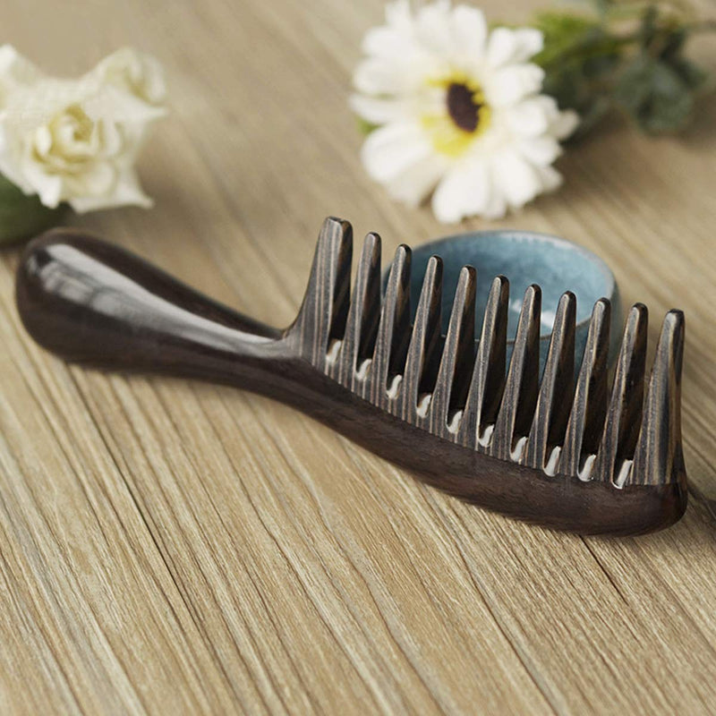 [Australia] - Eqlef Comb Wooden, Wide Tooth Comb Curly Hair Black Ebony Comb Smooth Round Handle 