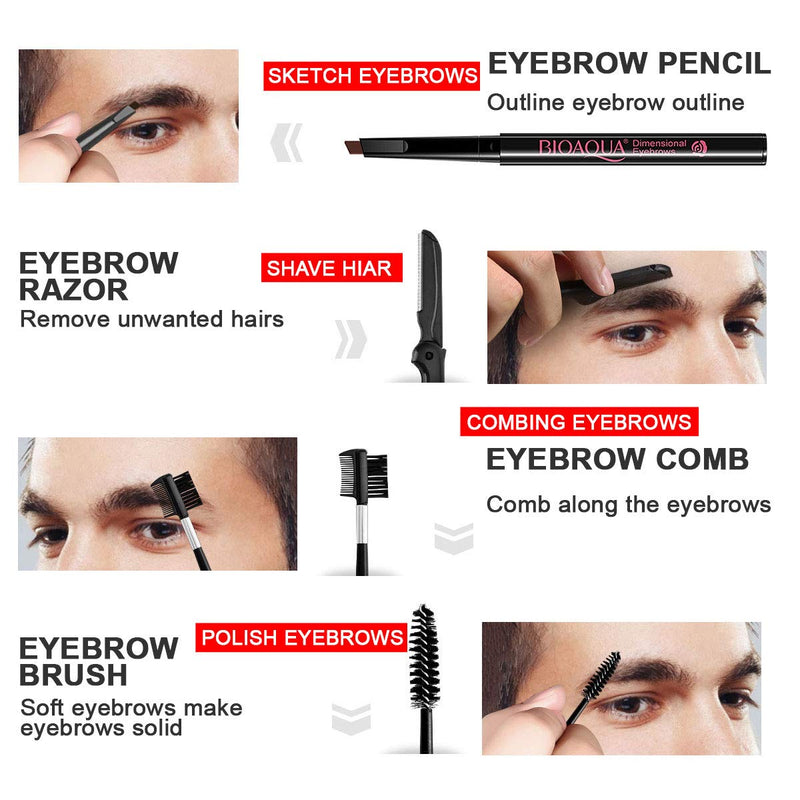 [Australia] - SENXILLER Eyebrow Kit Razor Pencil Brush Stencil Scissors Tweezers Grooming Kit with Mirror for Men and Women (Dark Brown Eyebrow Pencil) 001 