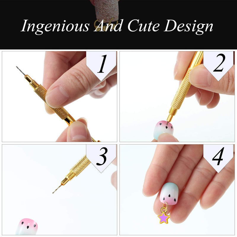 [Australia] - 113 Pieces Dangle Nail Piercing Charms Set, Nail Art Piercing Tool Hand Drill and Colored Hearts Stars Rings Jewelry Rings for Tips, Acrylic, Gels Decorations, Colored Hearts and Stars (Chic Color) Chic Color 