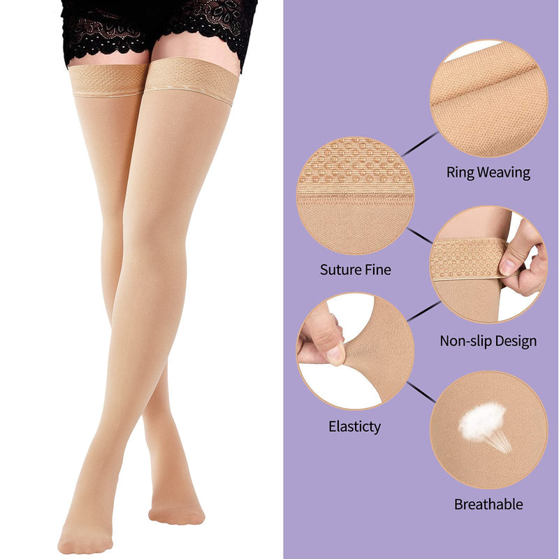 [Australia] - Evolyline Thigh High Compression Stockings for Women & Men 20-30 mmHg, Medical Closed Toe Firm Graduated Support Compression Socks for Varicose Veins, Edema, Flight Running Flying Pregnancy Travel Beige M 
