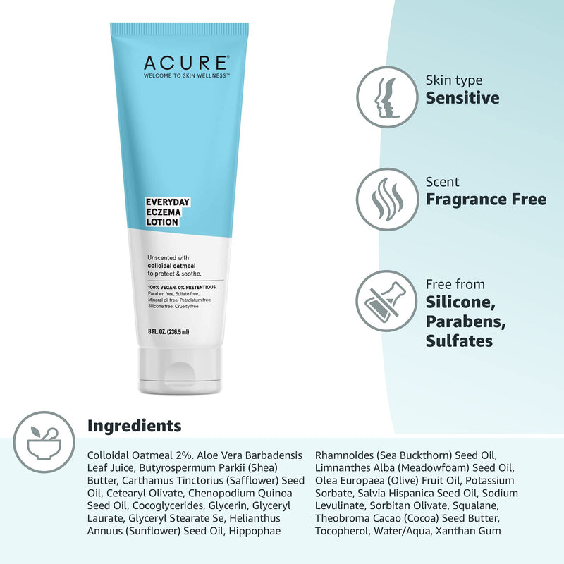 [Australia] - Acure Everyday Eczema Lotion 100% Vegan for Sensitive & Easily Irritated Skin 2% Colloidal Oatmeal & Cocoa Butter, Unscented, 8 Fl Oz 8 Fl Oz (Pack of 1) 