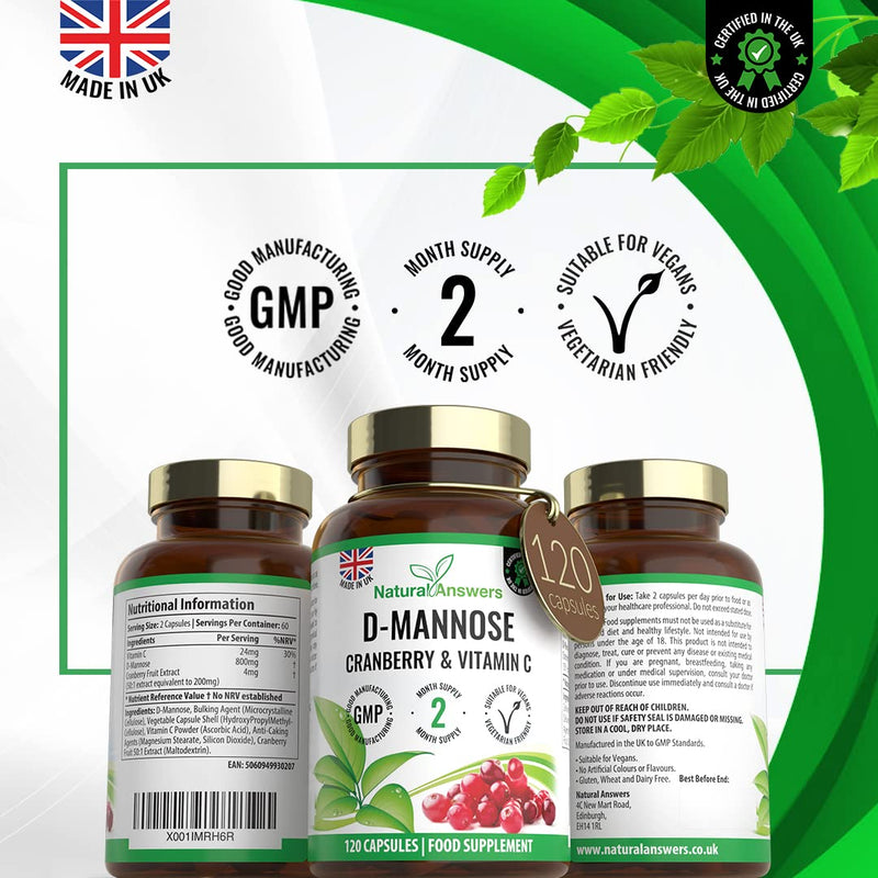 [Australia] - 120 D-Mannose Capsules with Vitamin C and Cranberry Extract - (2 Months Supply) 50:1 Cranberry Extract Immune Support Vegan Food Supplements - UK Manufactured 