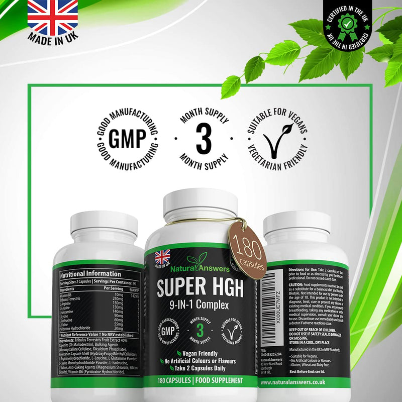 [Australia] - 180 Super HGH Vegan Capsules - (3 Months Supply) 9-in-1 HGH Complex with Vitamin B6 and Tribulus Terrestris Extract - Made in The UK 