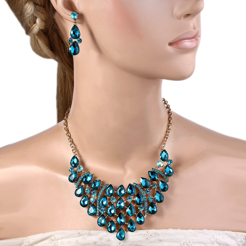 [Australia] - EVER FAITH Rhinestone Crystal Gorgeous Teardrop Statement Necklace Earrings Set Blue Gold-Tone 