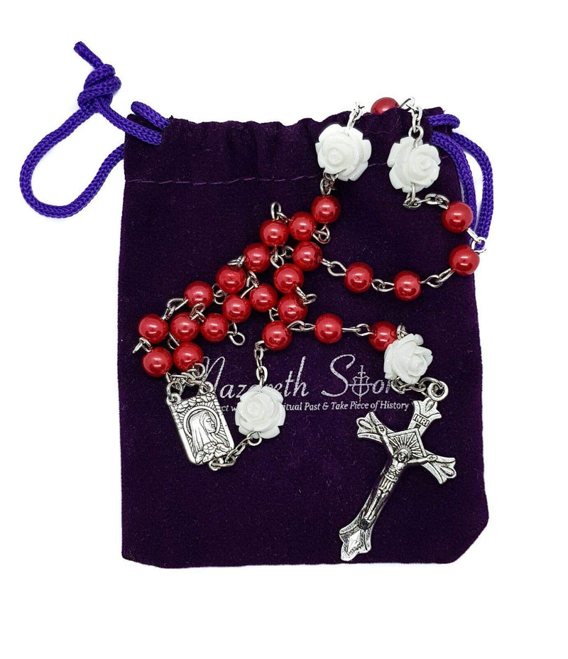 [Australia] - Nazareth Store Catholic Red Pearl Beads Rosary Jerusalem Necklace Our Rose Lourdes Medal & Cross NS 