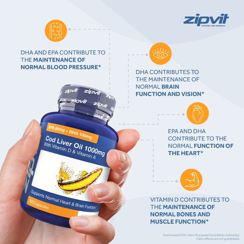 [Australia] - Cod Liver Oil 1000mg, 360 Capsules of High Strength Fish Oil, Rich in Omega 3. Supports Heart Health, Brain Health, Eye Health and Normal Blood Pressure 