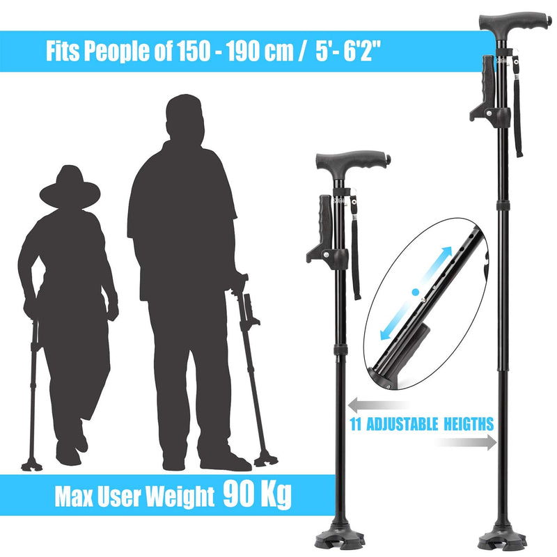 [Australia] - SUEH DESIGN Folding Walking Stick with LED Light for Men and Women, Height Adjustable, Collapsible Elderly Walking Cane with Side Handle 75 - 100 cm Large Base(Black) 