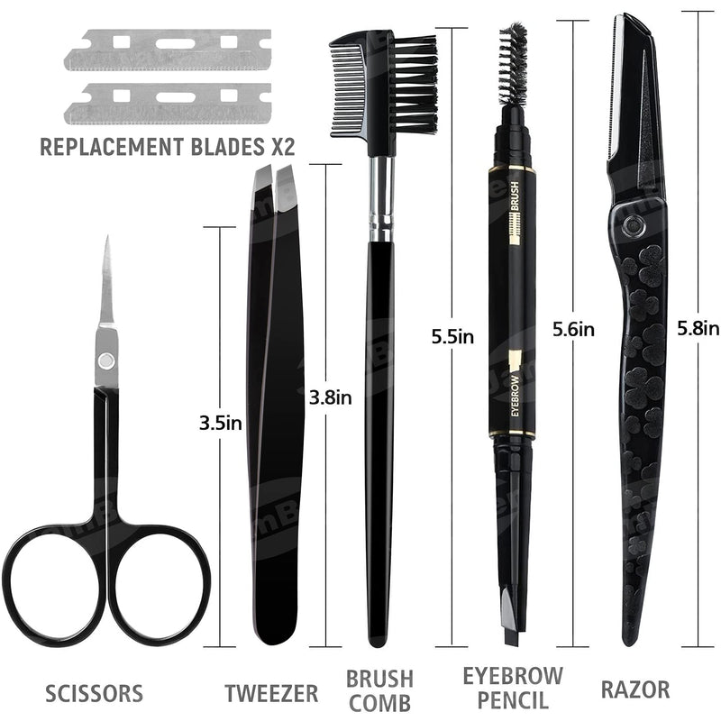 [Australia] - Gibot Eyebrow Set, 5pcs Stainless Steel Eyebrow Grooming Kit with Tweezers, Scissors, Eyebrow Brush Comb, Eyebrow Pencil, Razor and Travel Case for Women and Men, Black 