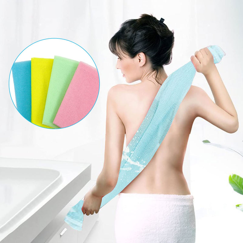 [Australia] - VIKSAUN 4 PCS Multicolour Nylon Japanese Exfoliating Cloth Nylon Scrub Bath Towel, Long 90cm, Body Shower Cleaning Sponges Wash Cloth Towel Body (4 pcs) 
