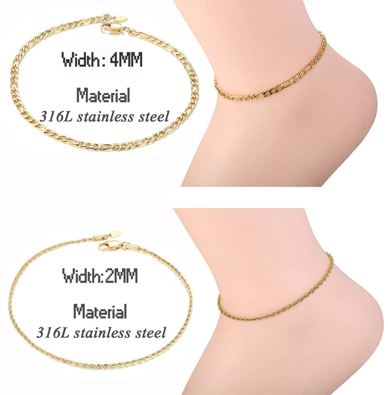 [Australia] - JOERICA 2 Pcs Gold Chain Anklet Bracelet for Men Women Rope Figaro Chain Foot Anklets Stainless Steel Link Set for Beach or Party Foot Jewelry C: 11 inches 