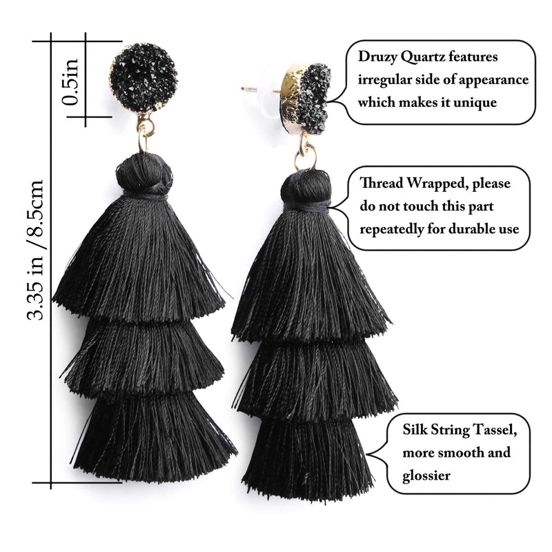 [Australia] - Me&Hz Colorful Layered Tassel Earrings Bohemian Tiered Tassel Druzy Stud Dangle Drop Earrings for Women Teen Girls Birthday Christmas Friends Gift Black 