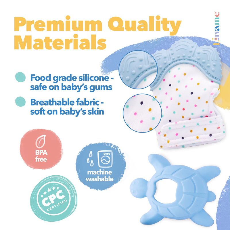 [Australia] - Liname Baby Teething Set Includes Teething Mitten for Babies & Teething Toy - Baby Chew Toy and Teething Glove - Safe(BPA Free) Infant Teething Mitt - Baby Teether Toy - Hand Teether for Babies Blue 