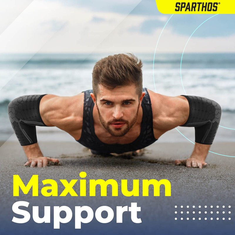 [Australia] - Sparthos Elbow Compression Sleeves (Pair) – Tennis and Golfer's Elbow Support – Elbow Brace for Men and Women – Made from Innovative Breathable Elastic Blend Small Midnight Black 
