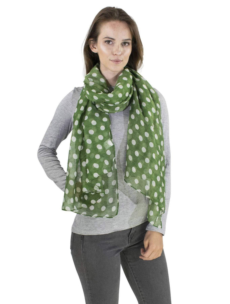 [Australia] - BasicSense Classic Retro 60s 70s 10mm Polka Dot Oversized Maxi Viscose Lightweight Scarf Shawl Green /White Dot 