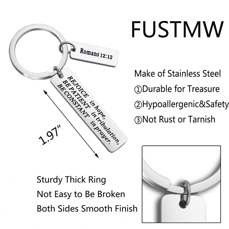 [Australia] - FUSTMW Christian Keychain Religious Gifts Bible Verse Jewelry Rejoice in Hope Be Constant in Prayer Romans 12:12 Scripture Key Chains Gifts silver 