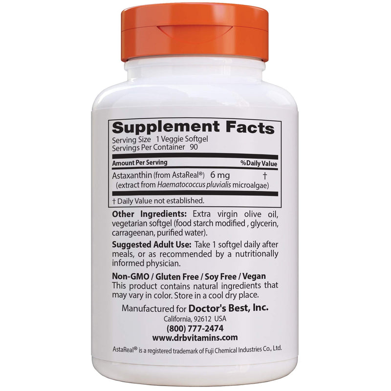 [Australia] - Doctor's Best Astaxanthin, Powerful Antioxidant, Skin, Eye Health, Non-GMO, Gluten Free, Vegan, Soy Free, 6 mg, 90VSG (DRB-00367) 