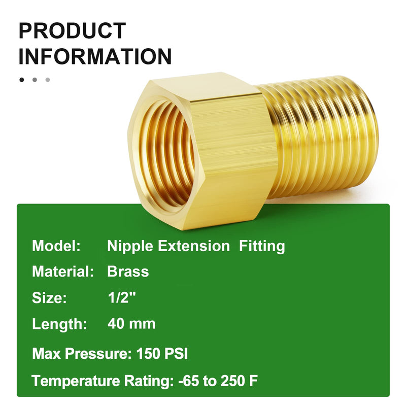 [Australia] - TAISHER 1PCS Brass Pipe Fitting, Extension Hex Adapter, 1/2" Male Pipe x 1/2" Female Pipe, Length 40 mm/1.57 Inch 40mm Length 