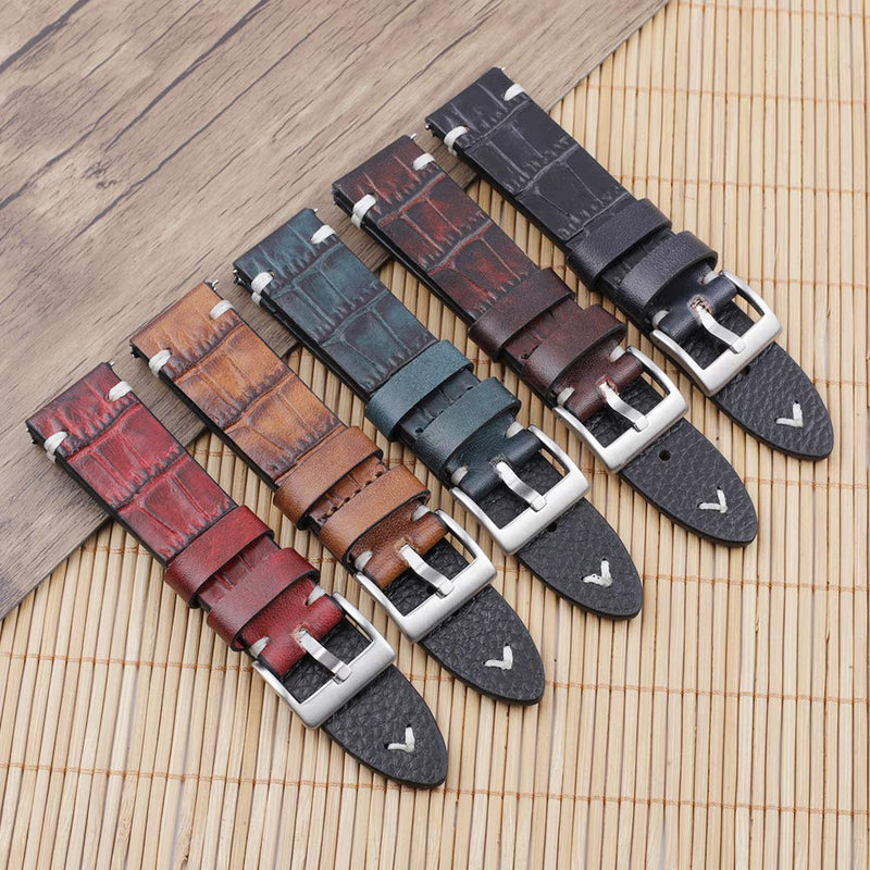 [Australia] - Onthelevel Vintage Alligator Leather Quick Release Watch Band 18mm 20mm 22mm 24mm Handmade Stitching Leather Watch Strap Replacement Black 