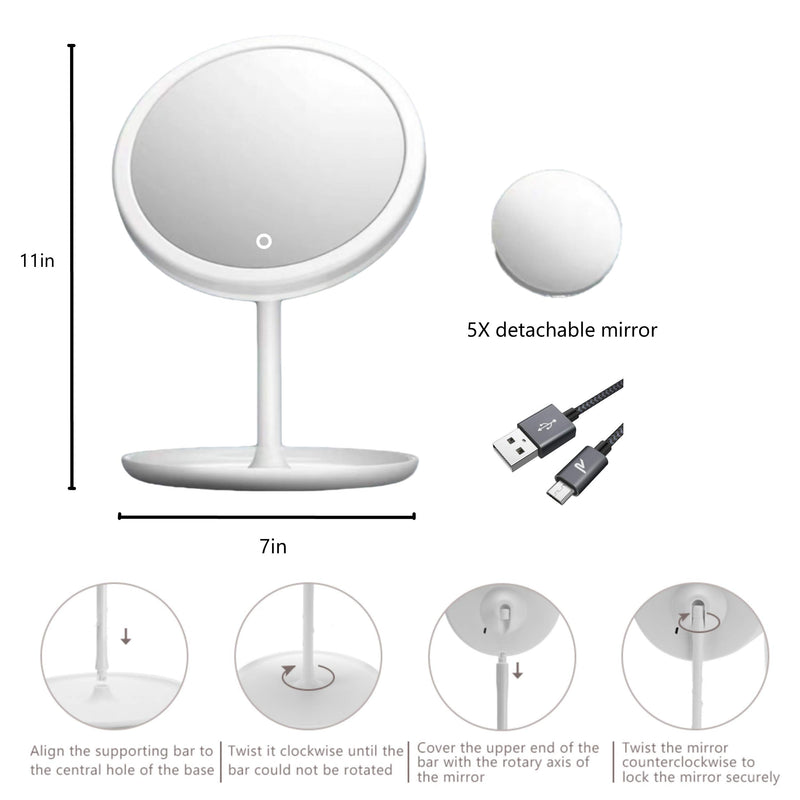 [Australia] - Led Makeup Mirror with Light 3 Color Lighting Modes 1X/5X 90°Rotation Cosmetic Beauty Portable Detachable Tabletop Mirror White 