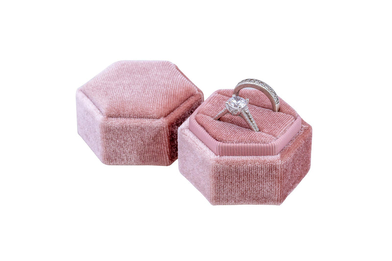 [Australia] - The Lux Box: Gorgeous Antique Velvet Geometric Ring Boxes for Proposals and Wedding Photos || Hexagon and Oval || Single or Double Rings || Fits Slim Bands (Dusty Rose Hexagon Double) Dusty Rose Hexagon Double 