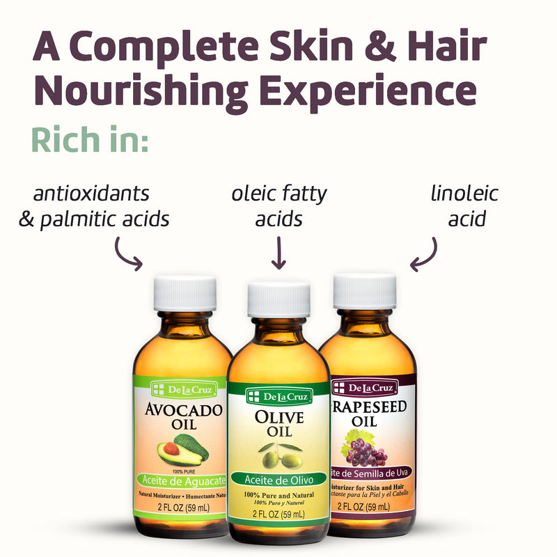 [Australia] - De La Cruz Avocado Oil, Pure Olive Oil and Grapeseed Oil Bundle - 100% Expeller Pressed Pure and Natural Oils for Hair and Body - Lightweight Body Oil Collection for Dry Skin 