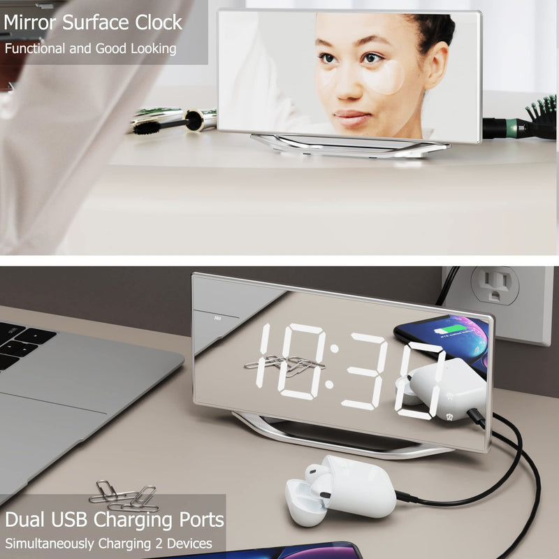 [Australia] - Digital Clock for Living Room, Loud Alarm Clock for Heavy Sleepers Adult, 8.7" Large Display LED Mirror Clock with 7-Level Dimmer,Snooze Mode,Dual USB Ports, Modern Desk Clock for Bedroom Home Office Silver-white Digits 