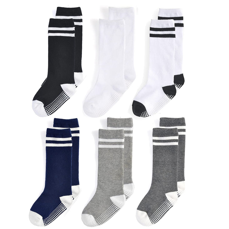 [Australia] - Baby Knee High Socks 6 Pairs Non Slip Tube Long Socks for Toddlers Kids Boys Girls 1-3T Boys Athletic Stripes, 6 Pairs 