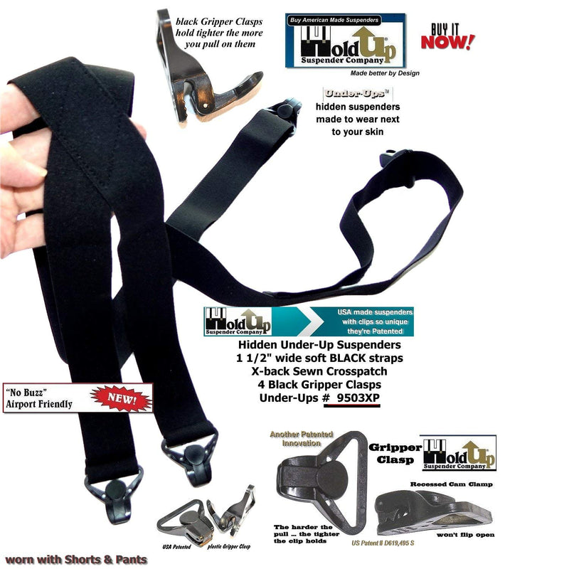 [Australia] - Holdup Suspender Company USA made All Black Hidden Undergarment No-Alarm Suspenders with Patented Black Gripper Clasps 