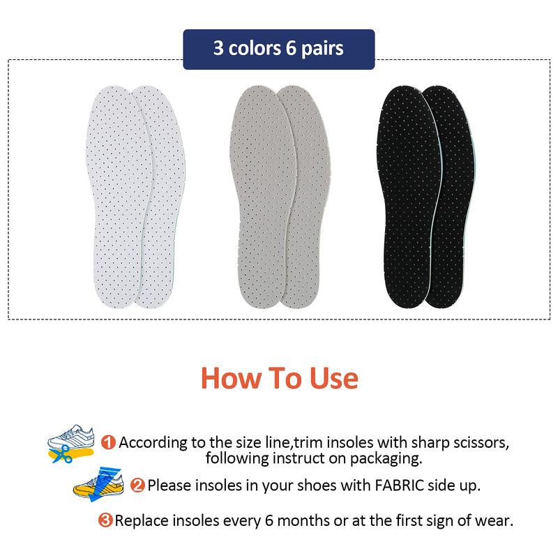 [Australia] - 3 Pairs Breathable Shoe Insoles Inserts Ultra-Soft Cushioning Walking Comfort Insoles Double-Layer Latex Foam Perforated Insoles Replacement Insoles for Men 7-11 Woman 2-8 (White, Black, Grey) White, Black, Grey 