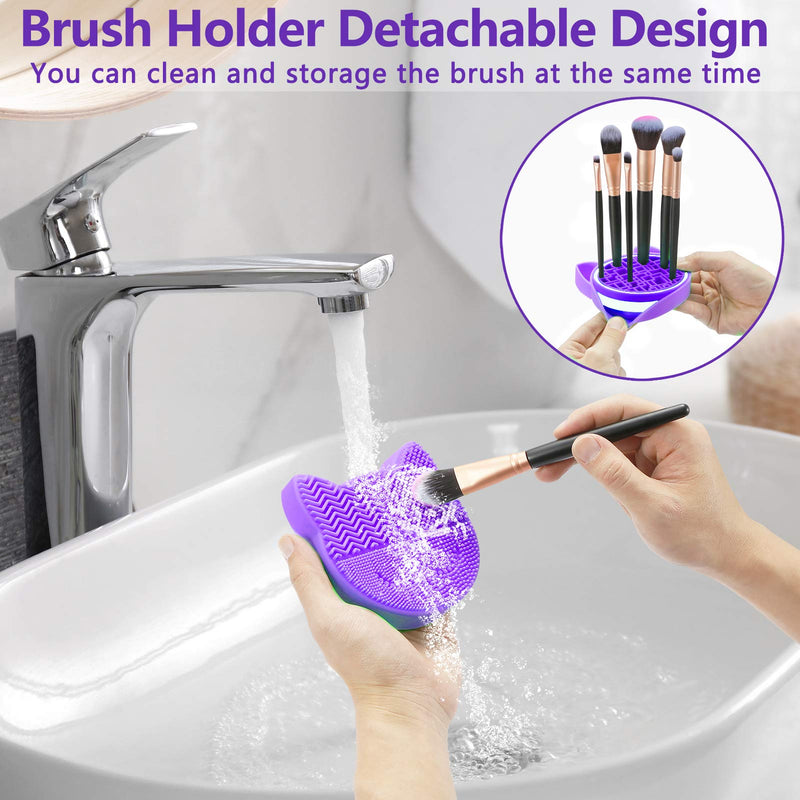 [Australia] - TailaiMei 2in1 Design Makeup Brush Cleaning Mat with Brush Drying Holder, 2 Pcs Silicon Brush Cleaner Pad include Cosmetic Brush Organizer Rack, Portable Washing Tool for Makeup(Pink&Purple) 2Pcs, Pink&Purple 