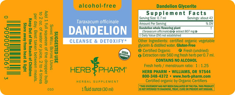[Australia] - Herb Pharm Certified Organic Dandelion Liquid Extract for Cleansing and Detoxification, Alcohol-Free Glycerite, 1 Ounce 1 Fl Oz (Pack of 1) 