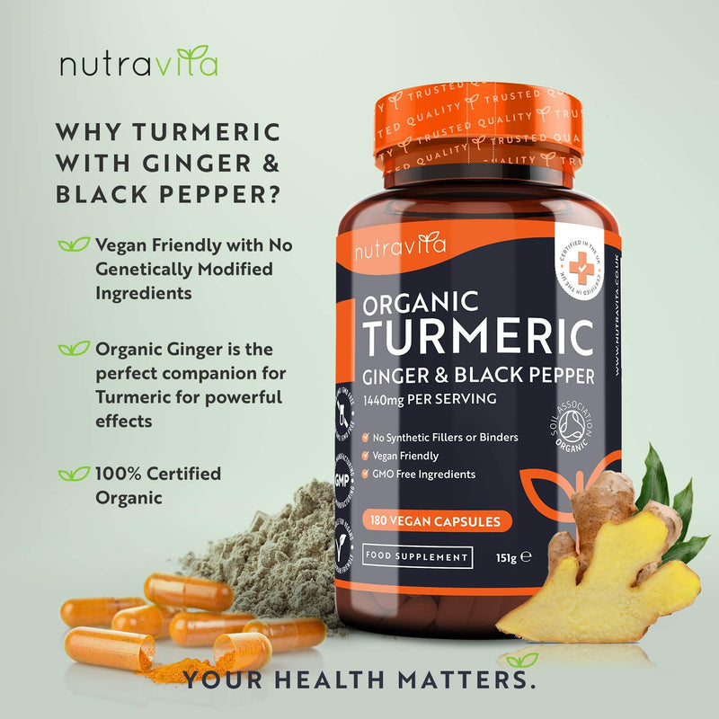 [Australia] - Organic Turmeric 1440mg (High Strength) with Black Pepper & Ginger - 180 Vegan Turmeric Capsules (3 Month Supply) – Organic Turmeric with Active Ingredient Curcumin - Made in The UK by Nutravita 