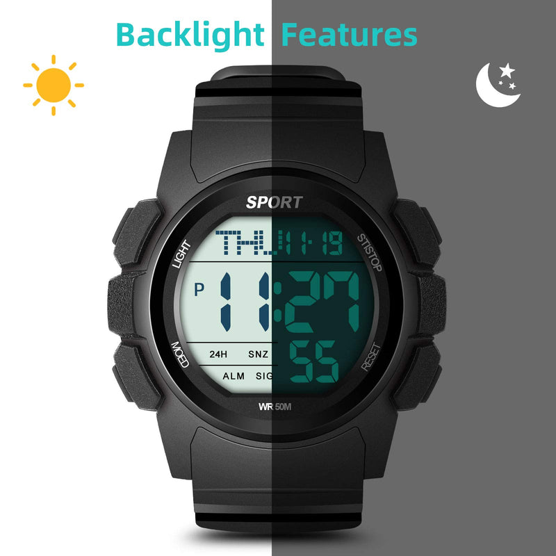 [Australia] - Beeasy Mens Digital Sports Watch Waterproof with Stopwatch Countdown Timer Alarm Mode Dual Time Watch for Men Black 