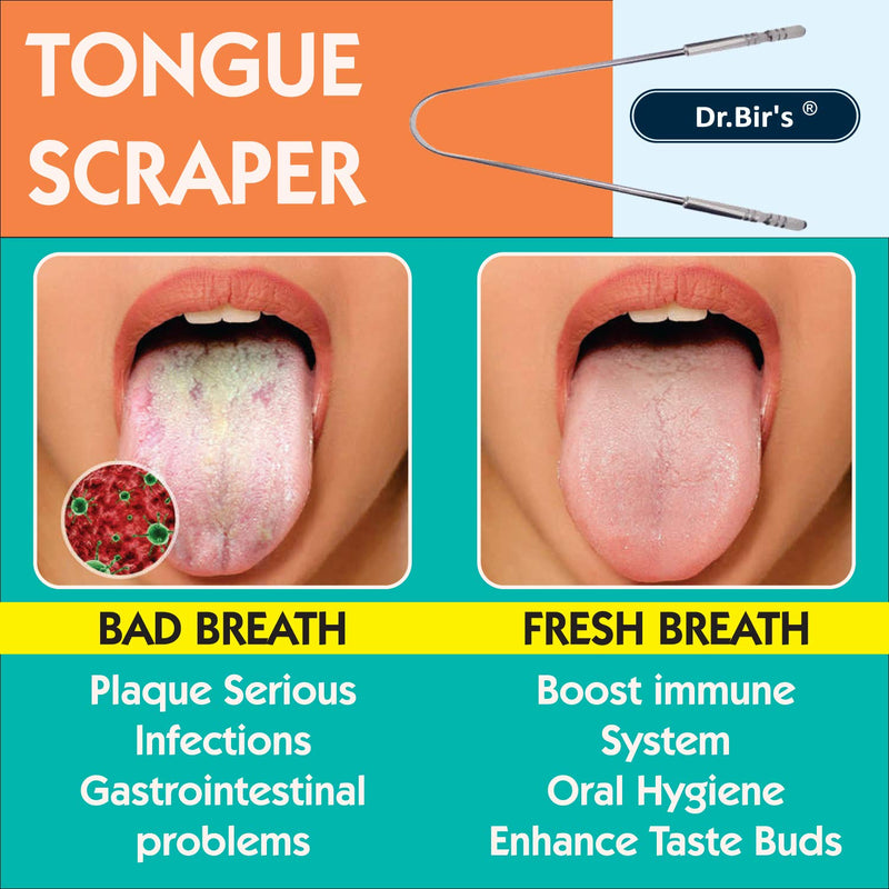 [Australia] - Dr Bir's Stainless Steel Tongue Scraper | Fights Bad Breath | Removes Plaque and Bacteria | Hygienically Packed 