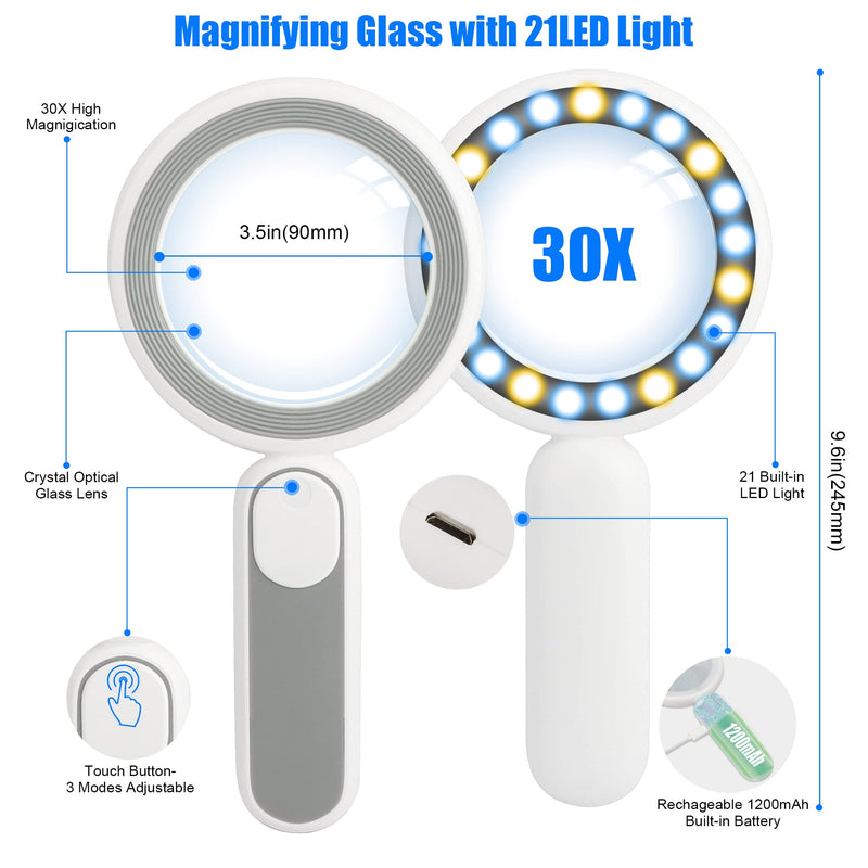[Australia] - Magnifying Glass with Light, Handheld Illuminated Lighted Magnifying Glass with 21 Led, 3 Light Modes & Rechargeable USB Magnifier Seniors, Reading, Macular Degeneration, Exploring, Coins (Grey) Gray 