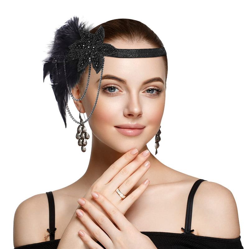 [Australia] - Minkissy Feather Headband Tassel Vintage 1920s Flapper Headpiece Roaring 20s Gatsby Costume Hair Accessories for Women Ladies Bride (Black) 
