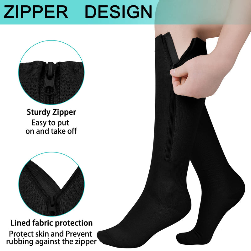 [Australia] - 2 Pairs Zipper Compression Socks Women and Men, Closed Toe Compression Stocking, 15-20 mmHg Knee high compression socks for Edema, Varicose Veins, Swollen Sore Black X-Large 