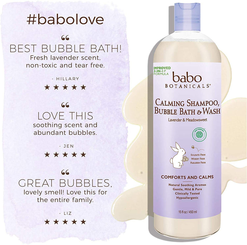 [Australia] - Babo Botanicals Calming Plant-Based 3-in-1 Bubble Bath, Shampoo & Wash - With Lavender & Organic Meadowsweet - For Babies, Kids & Adults With Sensitive Skin - EWG Verified - 15 Fl. Oz. 15 Fl Oz (Pack of 1) 