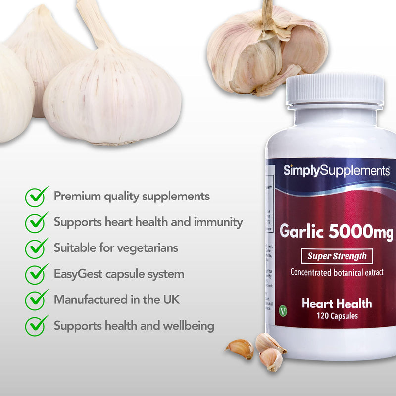 [Australia] - Garlic Capsules 5000mg | Vegan & Vegetarian Friendly | 120 Capsules = Up to 4 Month Supply | High Strength Odourless Garlic Supplement for Healthy Heart & Circulation | Manufactured in The UK 