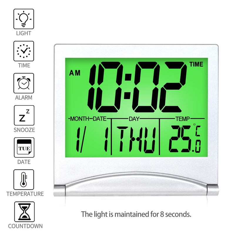 [Australia] - Betus Digital Travel Alarm Clock with Backlight - Foldable Calendar Temperature Timer LCD Clock with Snooze Mode - Large Number Display, Battery Operated - Compact Desk Clock for All Ages (Silver) 