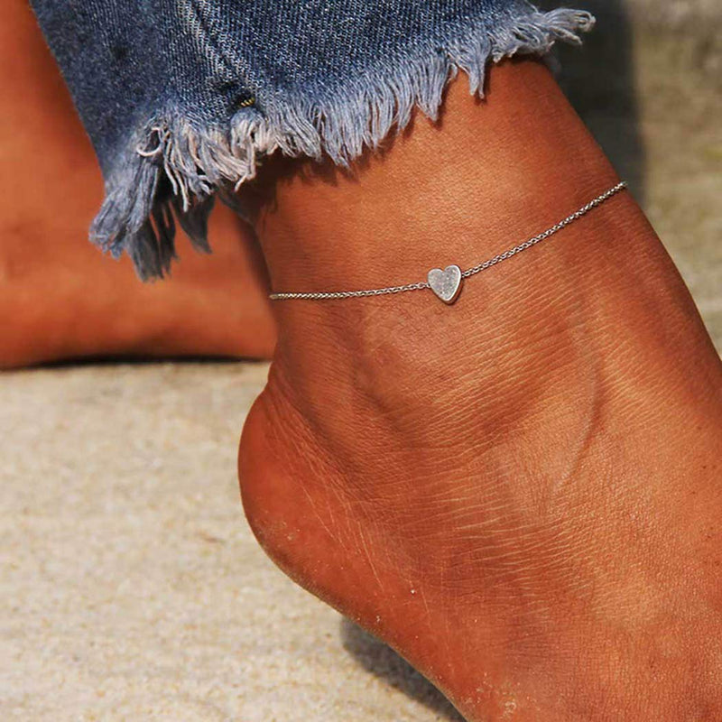 [Australia] - Jeweky Boho Love Heart Anklets Chain Ankle Bracelets Beach Foot Jewelry for Women and Girls (Silver) 