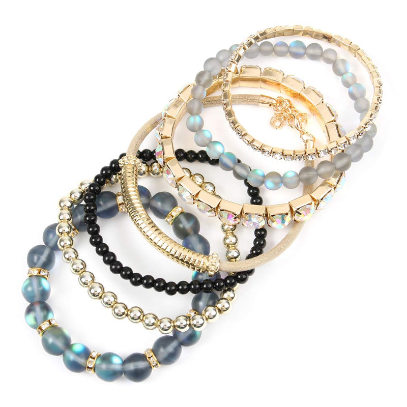 [Australia] - RIAH FASHION Multi Color Stretch Beaded Stackable Bracelets - Layering Bead Strand Statement Bangles Mermaid Glass - Black 7.0 Inches 