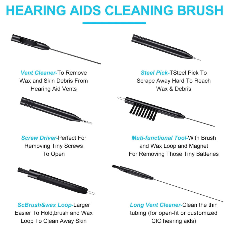 [Australia] - 8 Pieces Hearing Aid Cleaning Tools Hearing Aid Case Hearing Aid Box Hearing Aid Cleaning Kits Earpiece Hearing Aid Vent Cleaner Microfiber Cloth for Sound Amplifier (Black) 