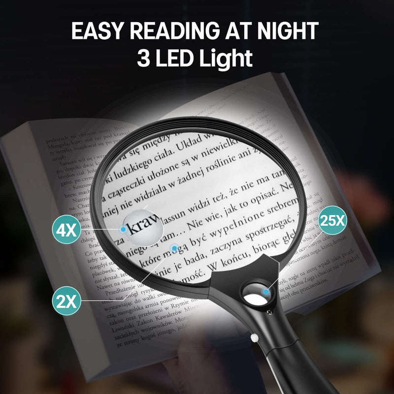 [Australia] - Magnifying Glass with Light, 5.5 Inch Large Magnifier 2X 4X 25X Zoom Magnifying Glass Lens with 3 Bright LED Illuminated Lighted Handheld Magnifier for Seniors Reading, Stamps, Map Black 1 
