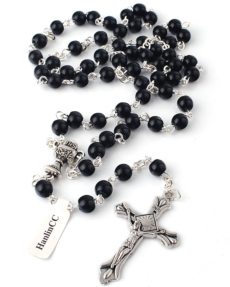 [Australia] - HanlinCC Girls and Boys First Communion Rosary Necklace with Silver Zinc Alloy Rosary Box Black Pearl First Communion Rosary with Box for Boy 