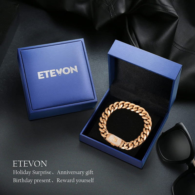 [Australia] - ETEVON Cuban Link Chain Bracelets for Men Rose Gold Plated Initial Link Letter Stainless Steel Hip Hop Personalized Father’s Day Graduation Birthday Jewelry Gifts for Him Son Dad Husband Boyfriend Gold-B 8.19 Inches 