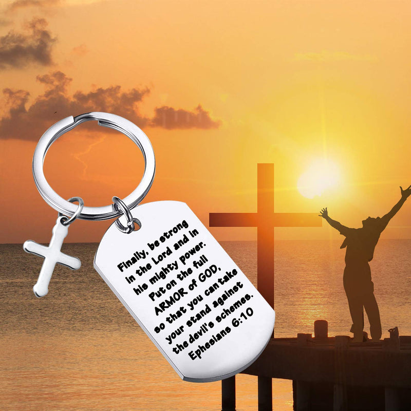 [Australia] - FUSTMW Christian Keychain Bible Verse Gifts Armor of God Cross Charm Ephesians 6:10 Religious Jewelry Confirmation Gifts silver 