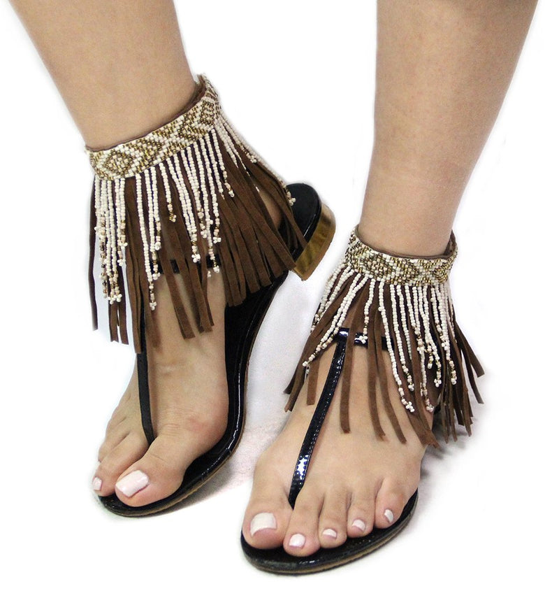 [Australia] - Bohemian Style Seed Bead Fringe Ankle Accessory (Sold As Pair) White 