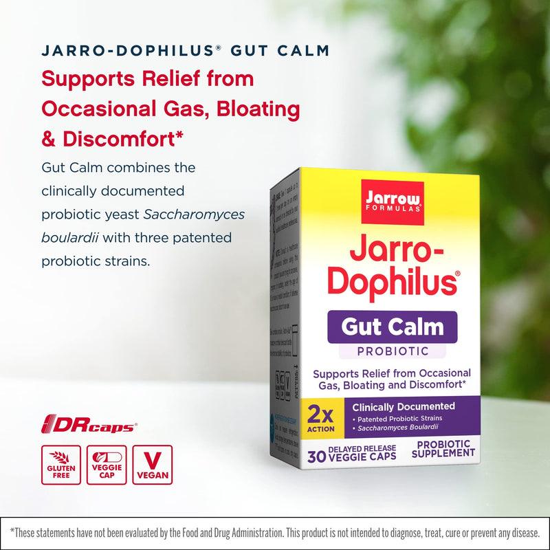 [Australia] - Jarrow Formulas Jarro-Dophilus Gut Calm - 3 Billion CFU - 30 Delayed Release Veggie Caps - Supports Relief from Occasional Gas, Bloating & Discomfort - Up to 30 Total Servings 30 Count (Pack of 1) 